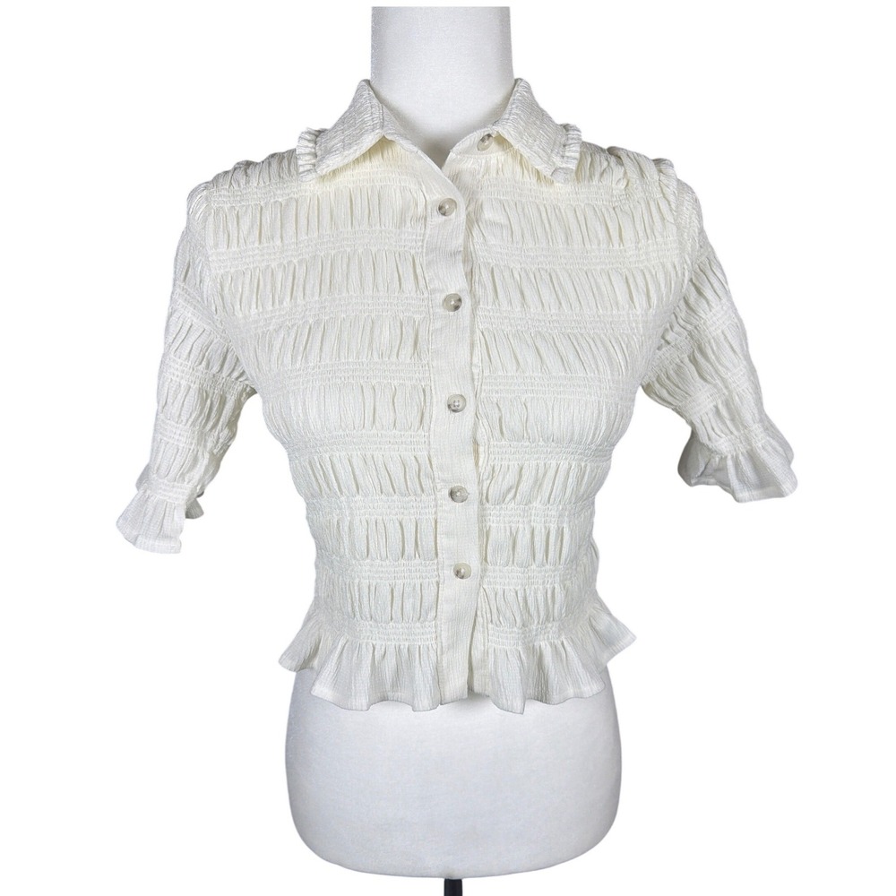 Maeve Anthropologie White Smocked Cropped Button Down Ruffle‎ Blouse Top XS
